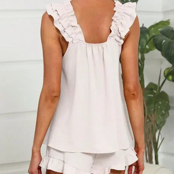White Casual Women's Lounge Set Ruffle Top Shorts